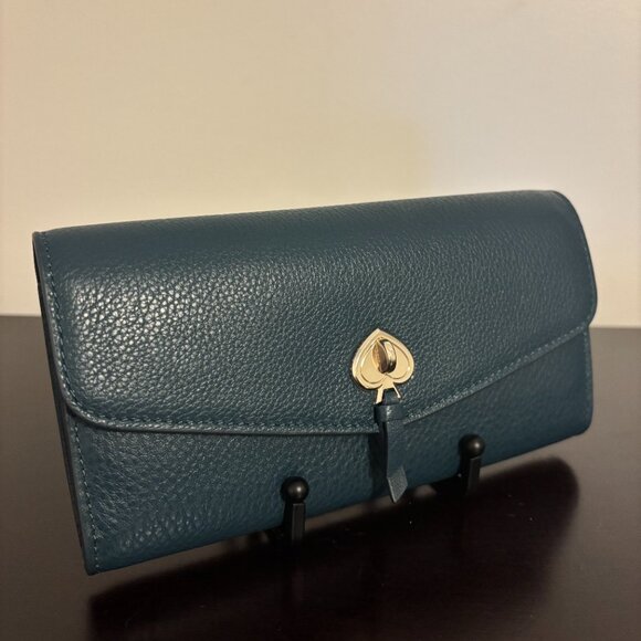 Kate Spade Marti Dark Blue Green Pebbled Leather Large Slim Flap Wallet - Picture 2 of 10
